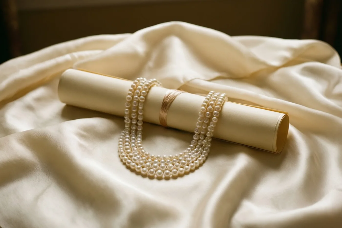 Een parelketting met meerdere snoeren en een opgerold diploma liggen op een gedrapeerde crèmekleurige zijden sjaal in zacht licht.