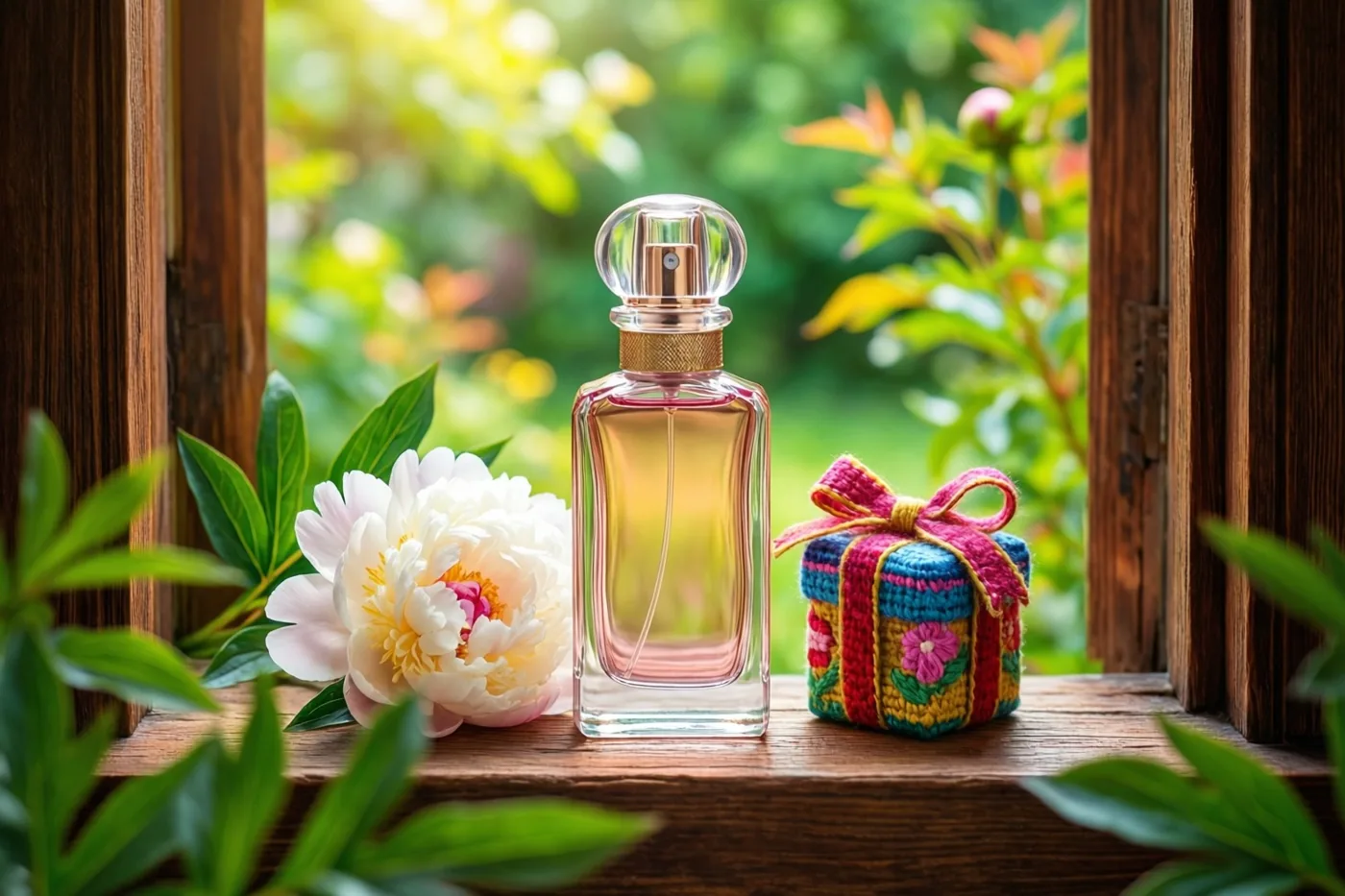 Op een houten vensterbank staan een doorzichtig parfumflesje met gouden dop, een witte pioenroos en een kleurrijk gehaakt geschenkje met een lint, met een onscherpe groene tuin achter het raam.