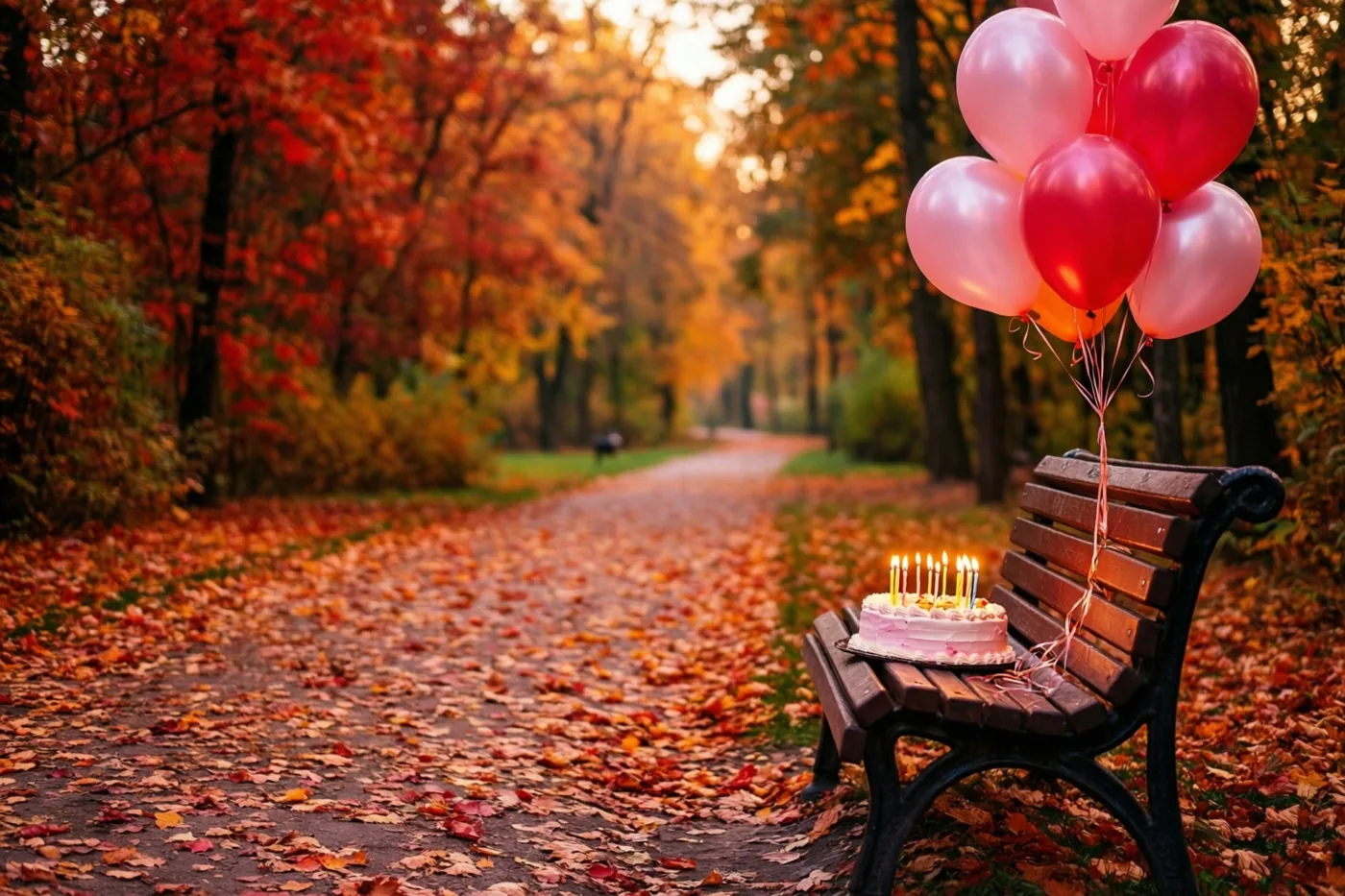 Een houten bank met een kleine taart met brandende kaarsjes en roze en rode ballonnen staat langs een parkpad tussen rode en oranje herfstbomen.