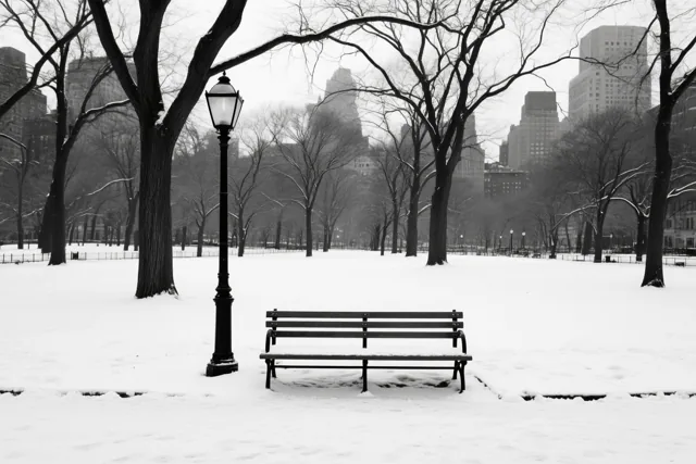 Een besneeuwde parkbank staat naast een lantaarnpaal onder kale bomen in een stadspark, weergegeven in één kleurtoon.