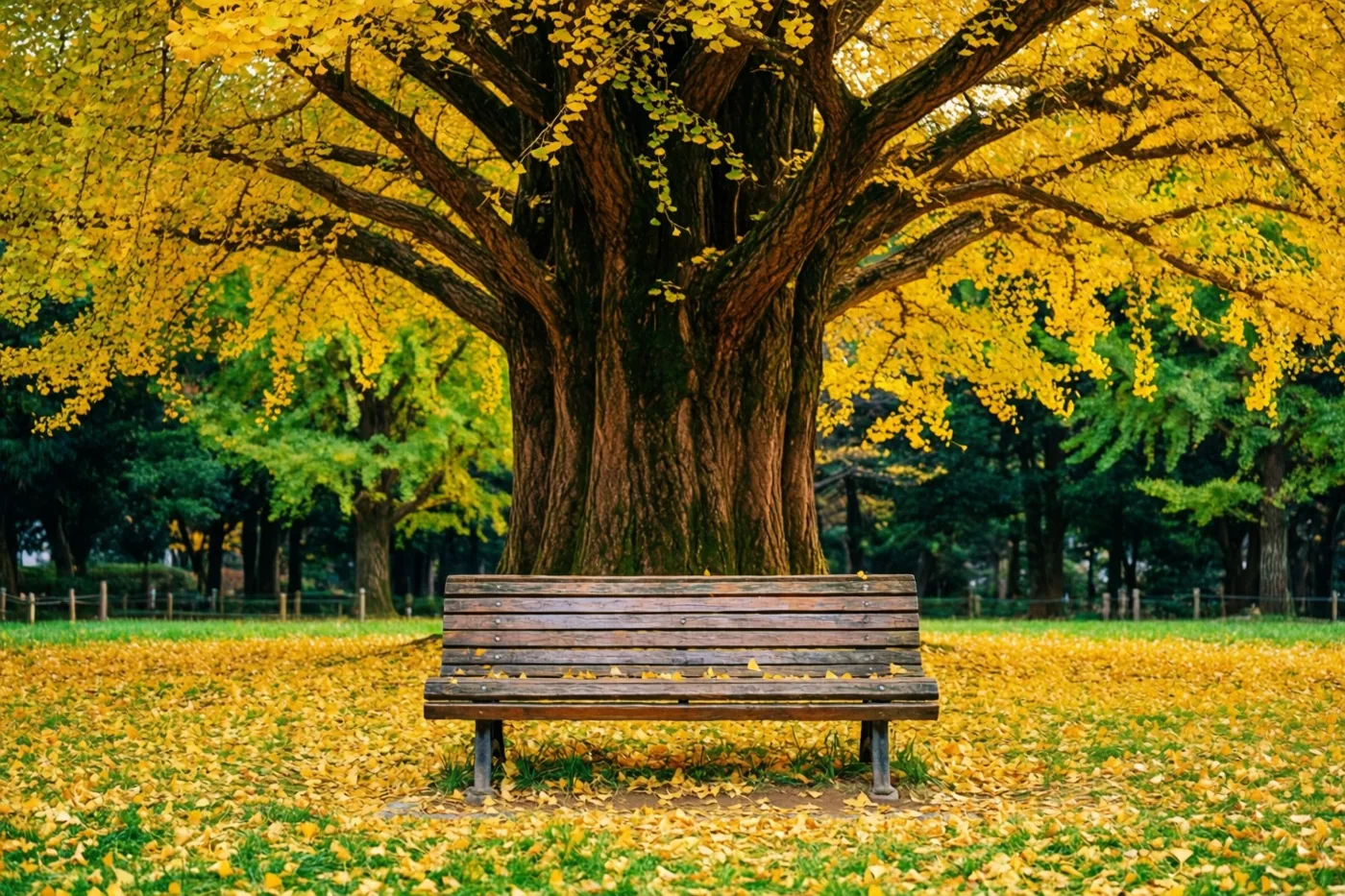 Een houten parkbank staat onder een zeer grote ginkgo met goudgele bladeren, omringd door gras vol gevallen gouden bladeren.