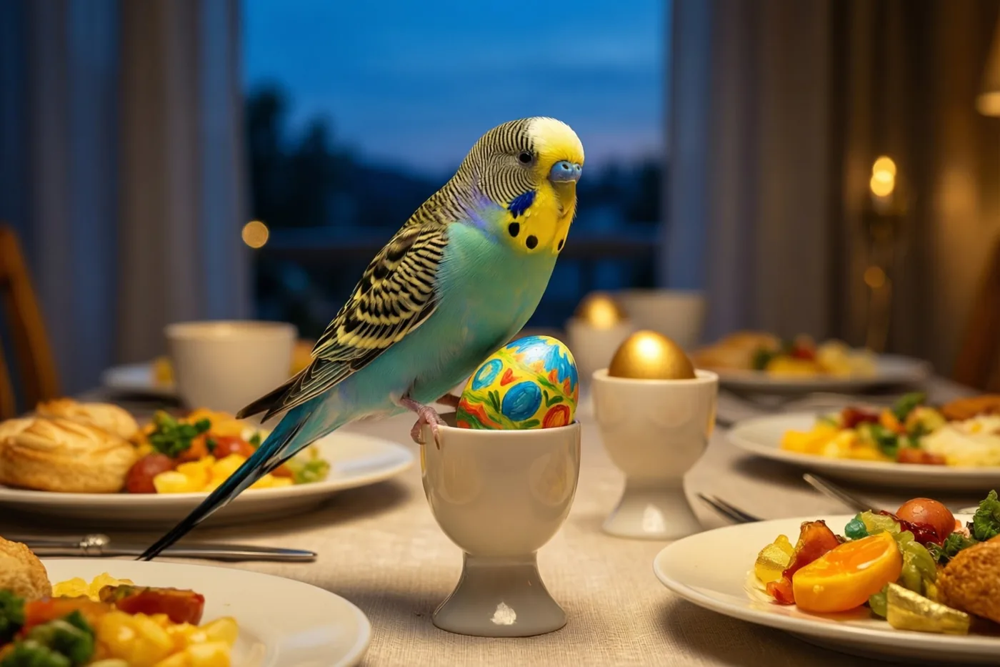 Een kleurrijke grasparkiet zit op de rand van een wit eierdopje met een beschilderd paasei op een warm verlichte ontbijttafel met borden eten, terwijl door een raam de schemering te zien is.