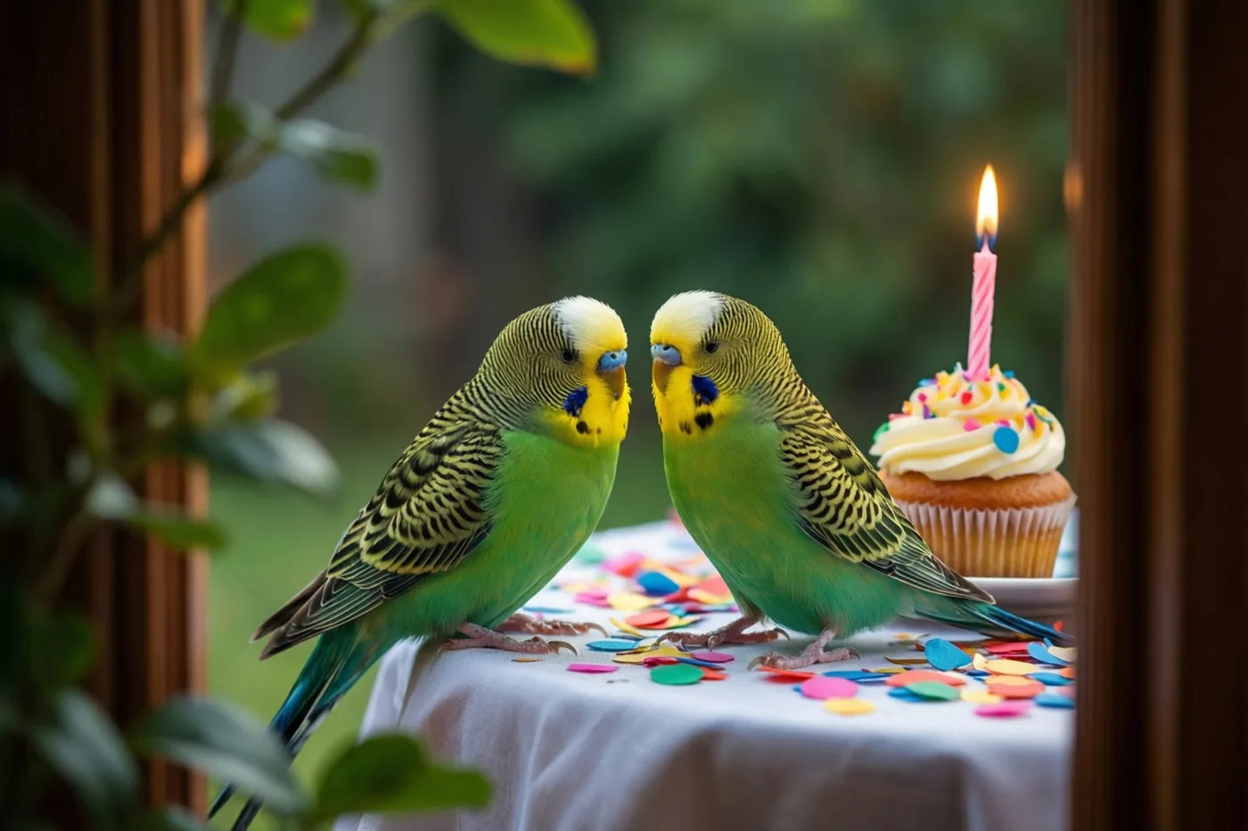 Door een raam met een houten kader zijn twee groene en gele grasparkieten op een wit tafelkleed te zien naast een cupcake met een brandend roze kaarsje en kleurrijke confetti.