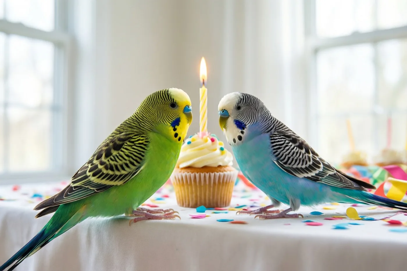 Twee grasparkieten zitten tegenover elkaar op de rand van een tafel met confetti, naast een cupcake met één brandend kaarsje in helder raamlicht.