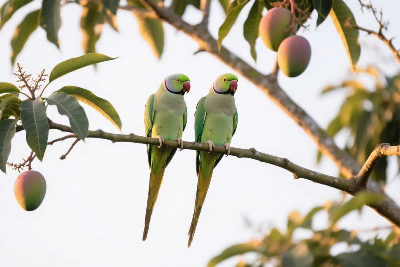 Twee halsbandparkieten zitten naast elkaar op een tak van een mangoboom, tussen groene bladeren en onrijpe mango’s in zacht schemerlicht.