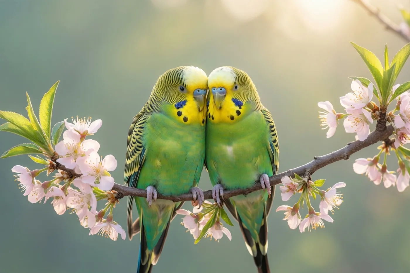 Twee groen-gele grasparkieten zitten dicht tegen elkaar op een tak met roze bloesems, in zacht warm zonlicht tegen een wazige natuurlijke achtergrond.