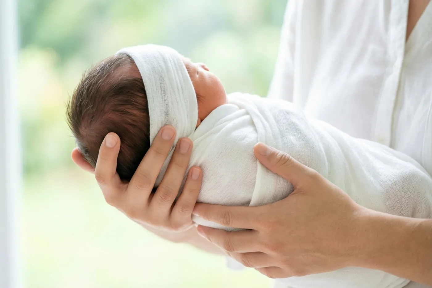 De handen van een meter of peter wiegen een pasgeboren baby in een witte sjaal tegen een zachte, onscherpe groene achtergrond.