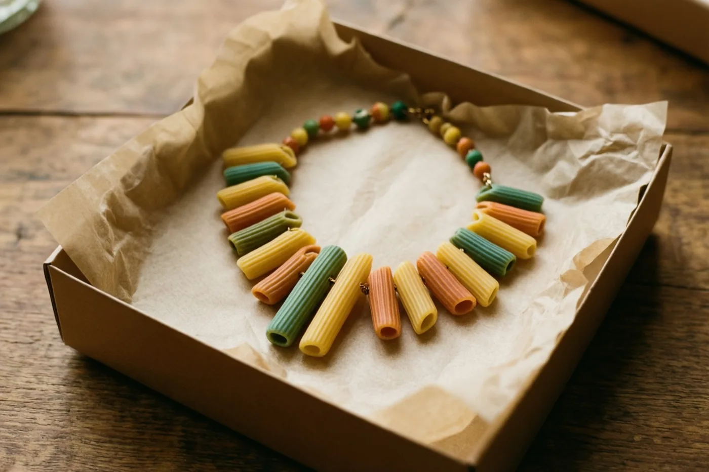 Een ketting van kleurrijke pastastukjes ligt in een kartonnen cadeaudoosje met bruin zijdepapier op een houten oppervlak.