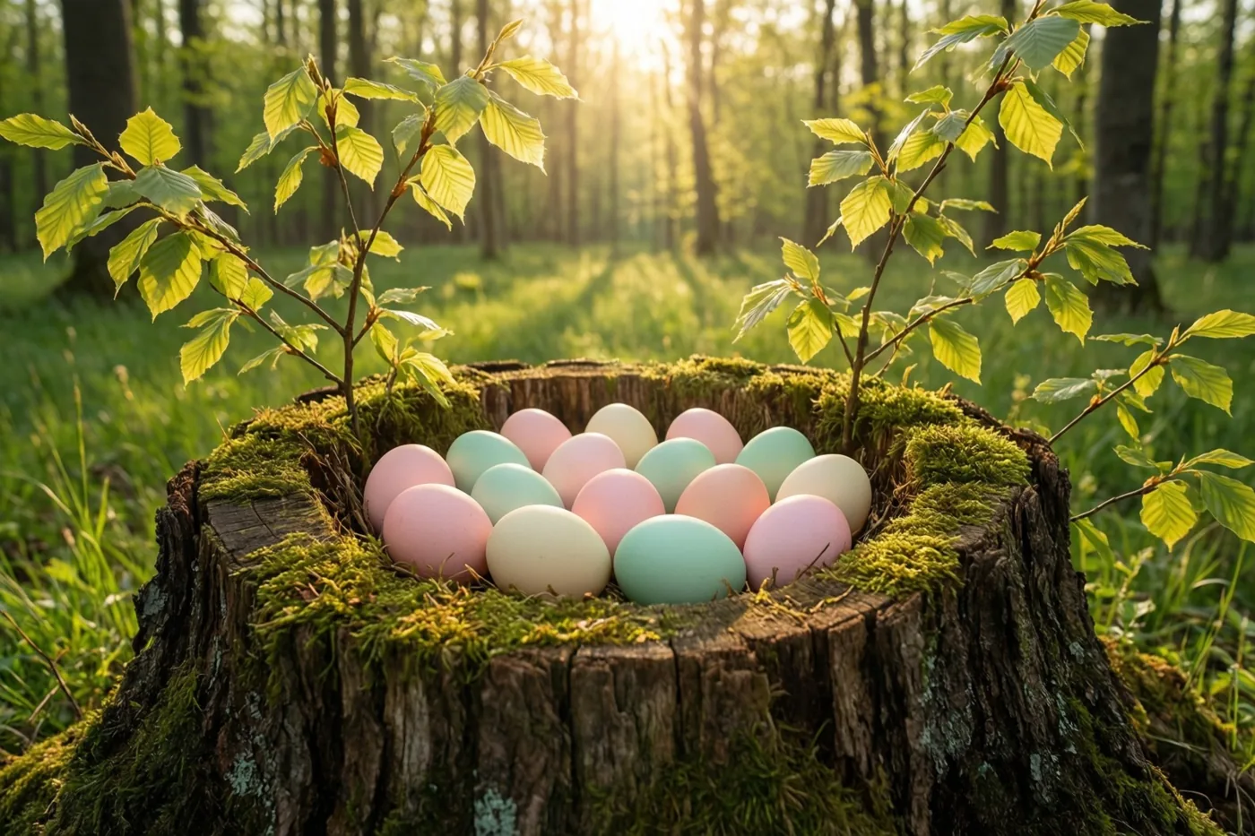 Pastelkleurige paaseieren liggen in de holte van een bemoste boomstronk in een zonnig bos, omkaderd door jonge beukenbladeren die gevlekt licht doorlaten.