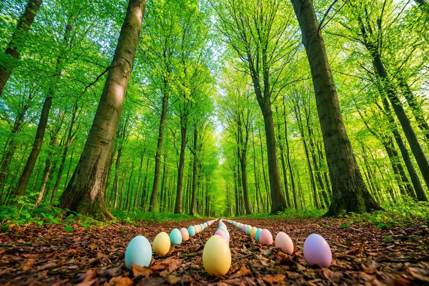 Een spoor van pastelkleurige eieren ligt op een met bladeren bedekt pad in een dicht beukenbos met felgroen loof en helder daglicht.