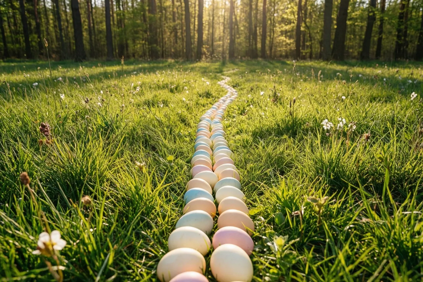 Een kronkelend spoor van pastelkleurige paaseieren ligt in felgroen gras richting een zonnige bosrand, met warm goudkleurig licht tussen de bomen.