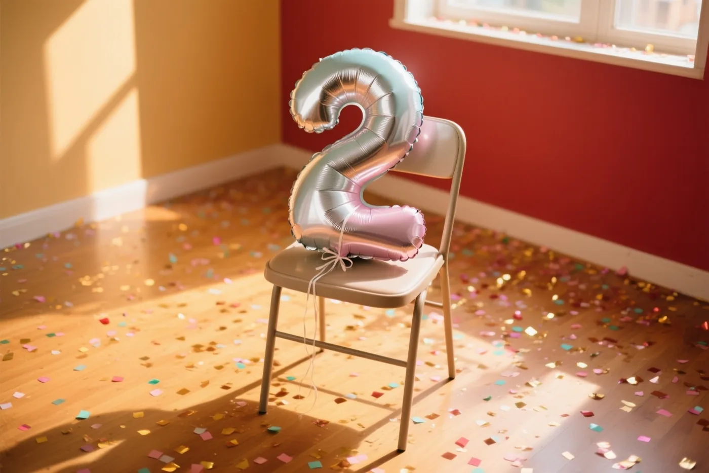 Een zilver- en pastelkleurige cijferballon 2 is vastgemaakt aan een stoel in een kamer met rode en gele muren, zonlicht door het raam en confetti op de houten vloer.