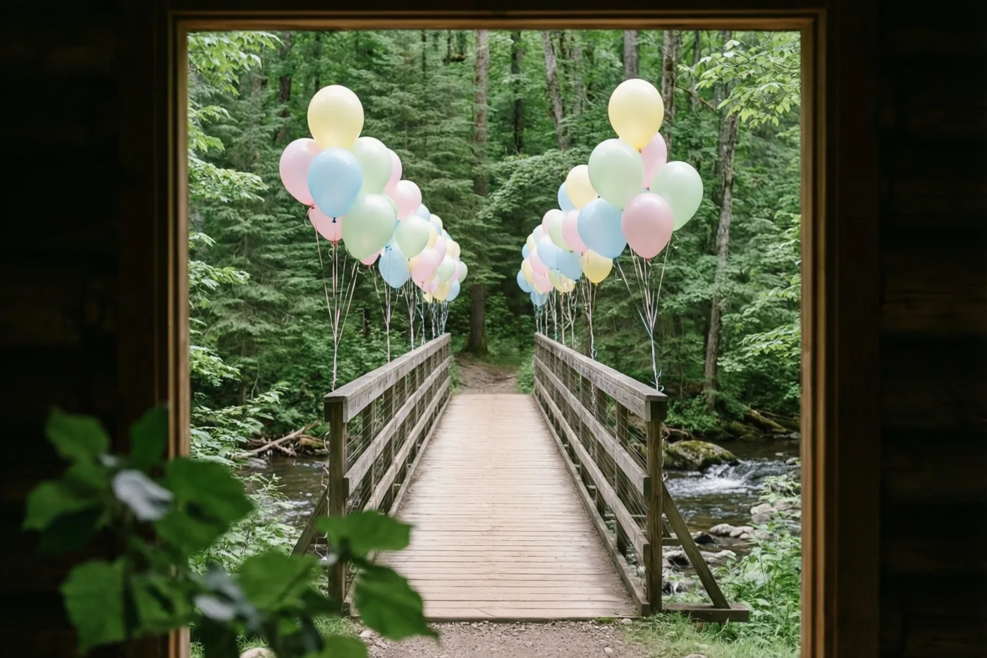 Door een houten raamkader is een houten voetbrug met slingers van pastelballonnen te zien, boven een zacht stromende beek in een weelderig groen bos.