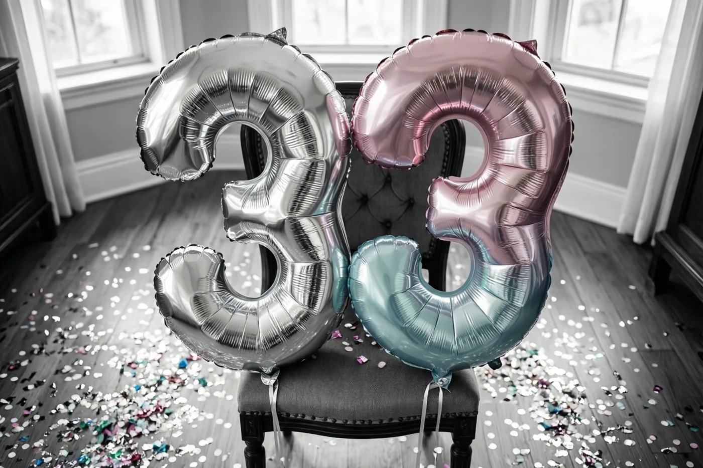 Twee grote cijferballonnen die samen 33 vormen, één zilverkleurig en één in pastelroze en blauw, hangen aan een donkere gestoffeerde stoel in een lichte kamer met confetti op de houten vloer.