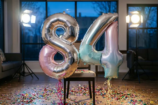 Folieballonnen in de vorm van 8 en 4 in zilver, pastelroze en pastelblauw zijn aan een stoel vastgemaakt, met confetti op de vloer en studiolampen achteraan.