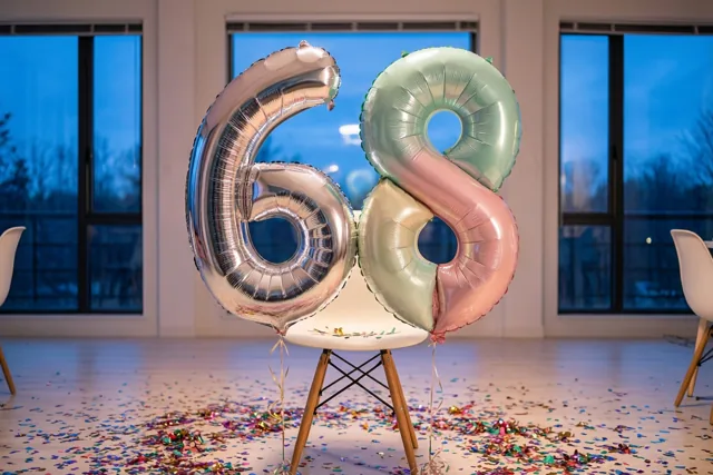 Grote cijferballonnen in zilver, pastelgroen en pastelroze vormen 68 aan een witte stoel in een moderne kamer met confetti en grote ramen die uitkijken op een schemerlucht.