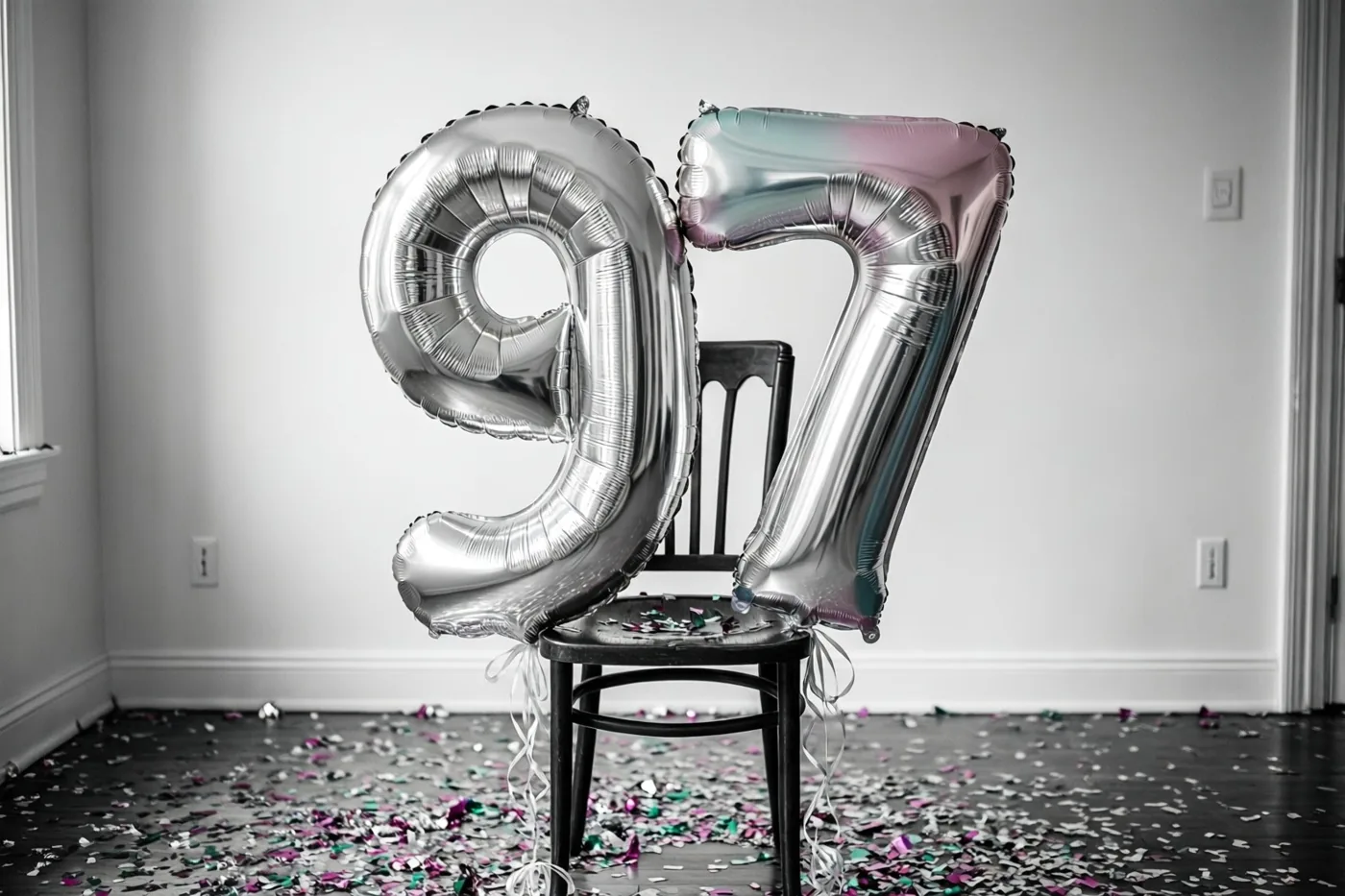 Folieballonnen 9 en 7 met een zilveren en pastelkleurig verloop zijn vastgemaakt aan een zwarte stoel in een lichte kamer met confetti op de vloer.