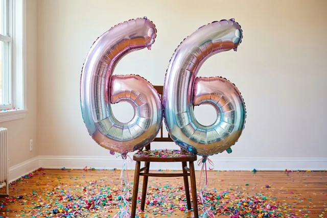 Twee grote glanzende cijferballonnen in zilver en pasteltinten vormen 66 aan een houten stoel, met gekleurde confetti op de vloer en daglicht uit een raam links.