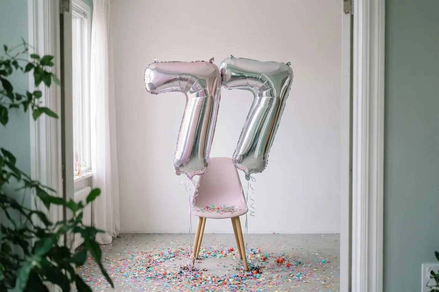 Zilveren en pastelkleurige cijferballonnen vormen 77 aan een roze stoel, met kleurrijke confetti op de vloer en daglicht door witte gordijnen.