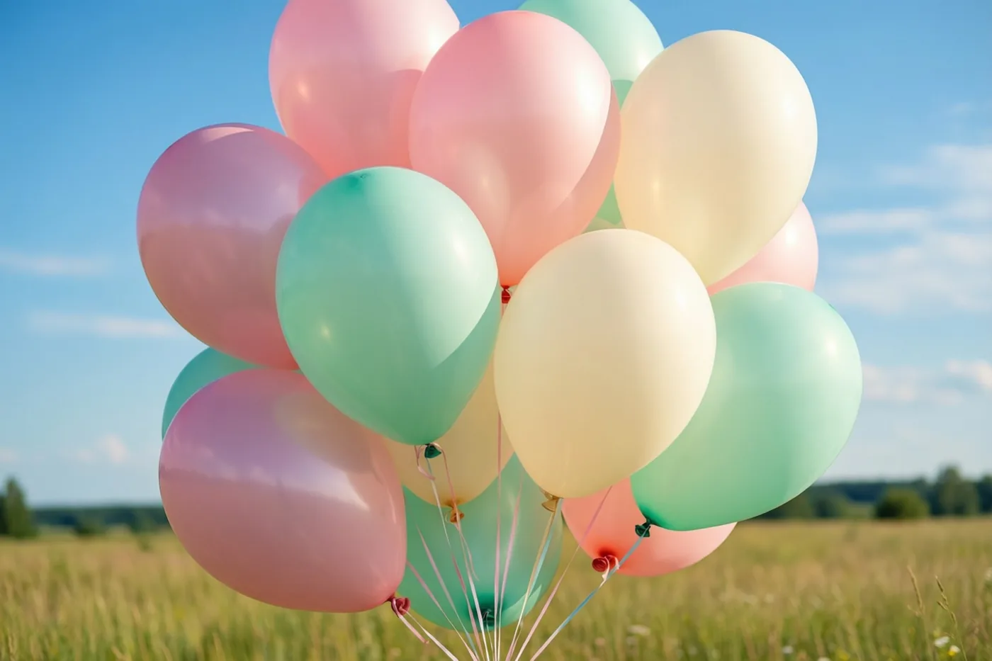 Een tros lichtroze, mintgroene en crèmekleurige ballonnen zweeft boven een zonnige weide tegen een helderblauwe lucht.