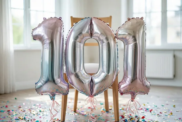 Grote zilveren en pastelkleurige ballonnen vormen 101 boven een houten stoel in een lichte kamer met confetti op de vloer en zacht daglicht door de ramen.