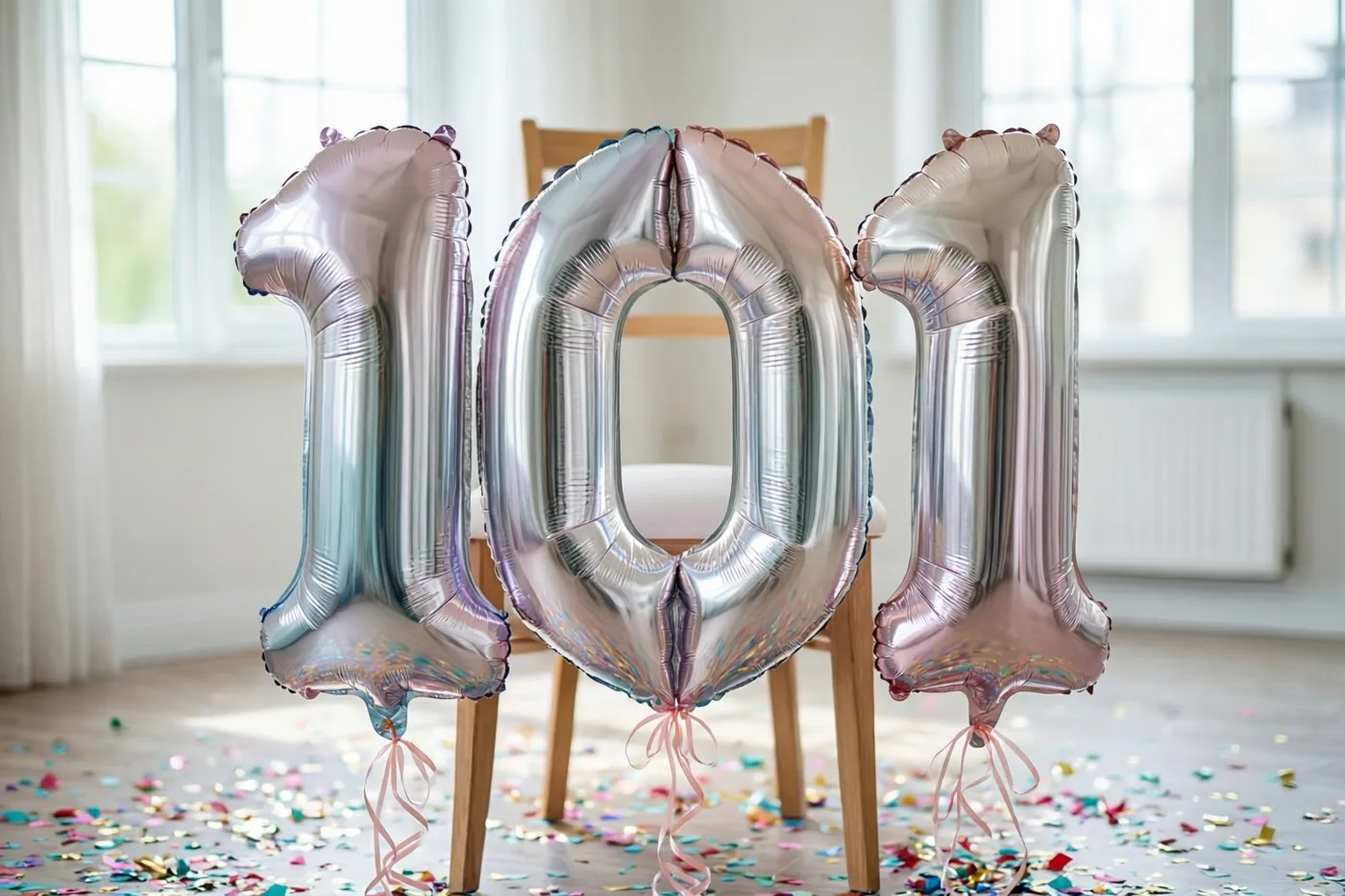 Grote zilveren en pastelkleurige ballonnen vormen 101 boven een houten stoel in een lichte kamer met confetti op de vloer en zacht daglicht door de ramen.
