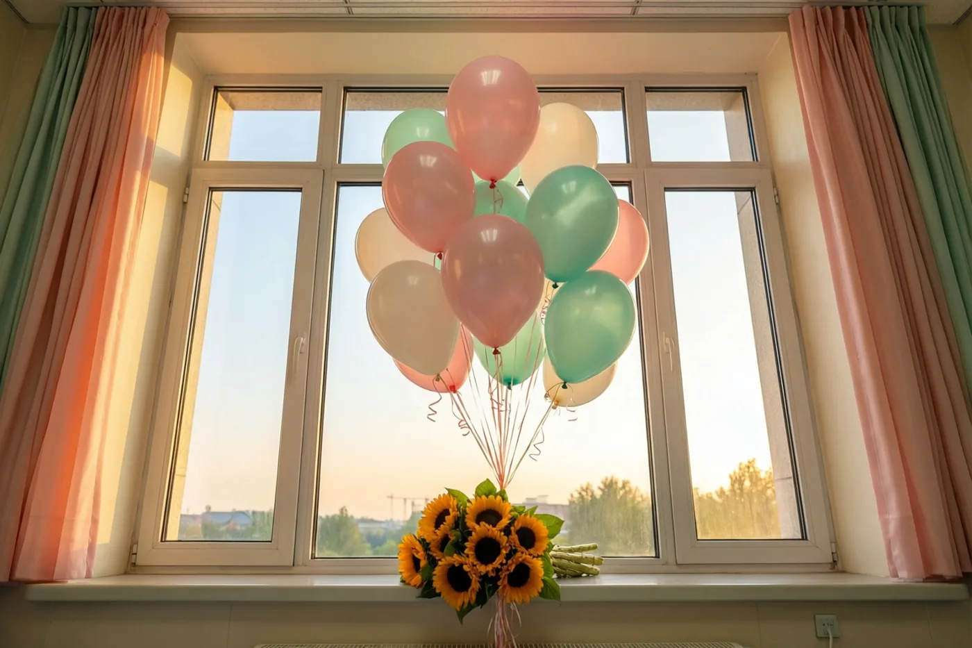 Een boeket zonnebloemen en een groep pastelkleurige ballonnen staan op de vensterbank van een ziekenhuiskamer in warm goudkleurig licht.