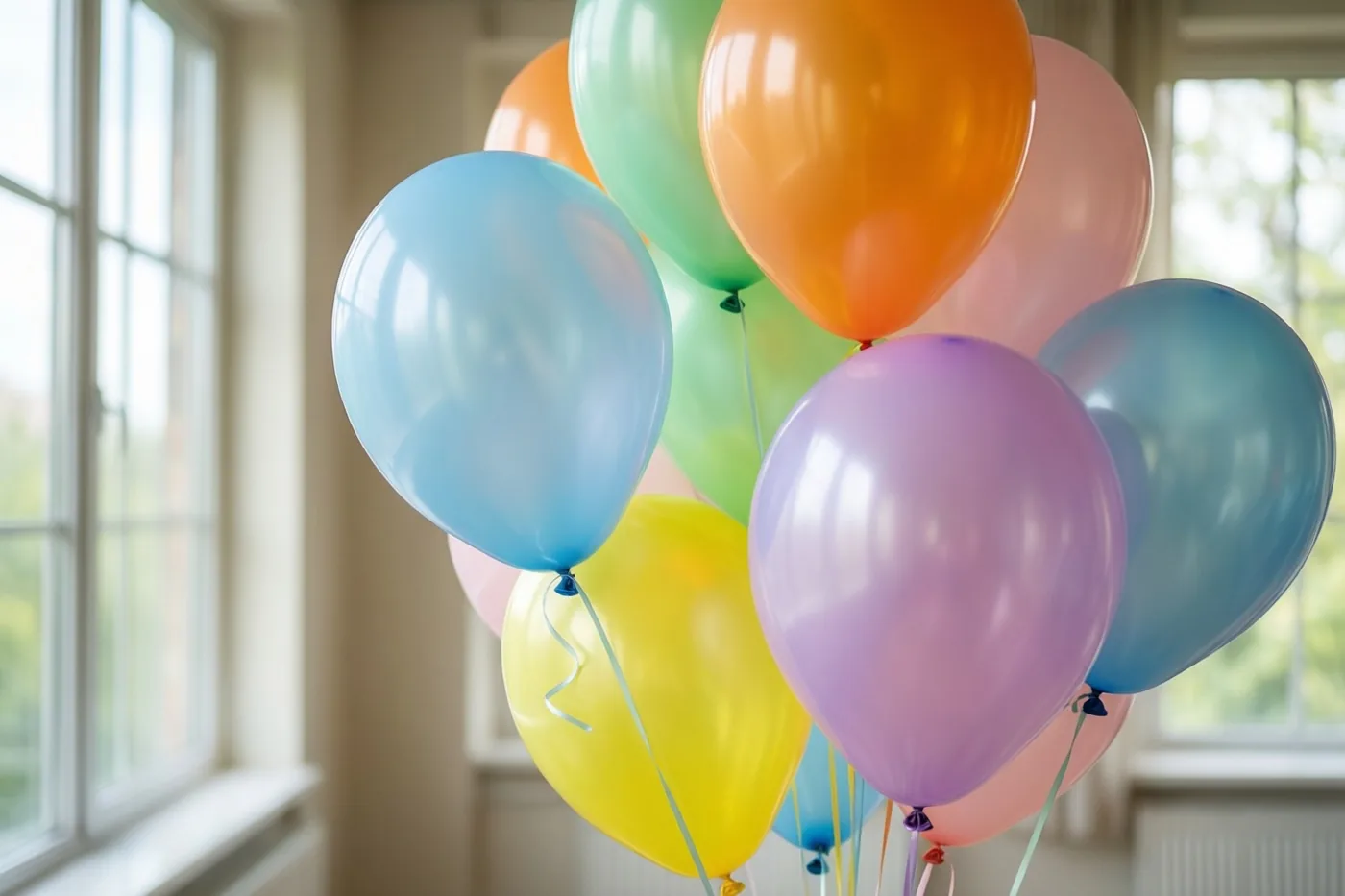 Een tros pastelkleurige ballonnen in blauw, oranje, groen, paars en geel zweeft in een lichte kamer met hoge ramen.