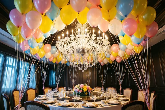 Een grote gedekte eettafel staat onder een kristallen kroonluchter tussen veel lichtroze, lichtgele en lichtblauwe ballonnen in een elegante kamer met donkere houten lambrisering en gordijnen.