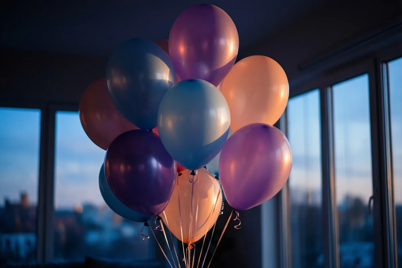 Een tros pastelkleurige ballonnen zweeft voor grote ramen met uitzicht op een stad bij schemering, in zacht en warm licht.