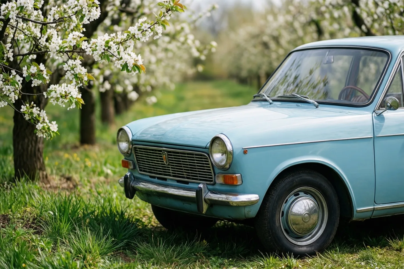 Een pastelblauwe oldtimer staat op een grasberm naast een boomgaard met bomen in volle witte bloei in zacht daglicht.