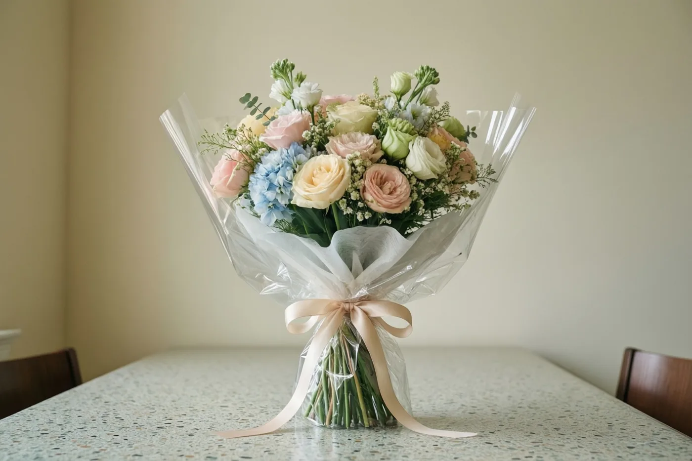Een boeket pastelkleurige bloemen in doorzichtig cellofaan met een beige lint staat op een gespikkelde formicatafel, voor een beige muur in zacht licht.