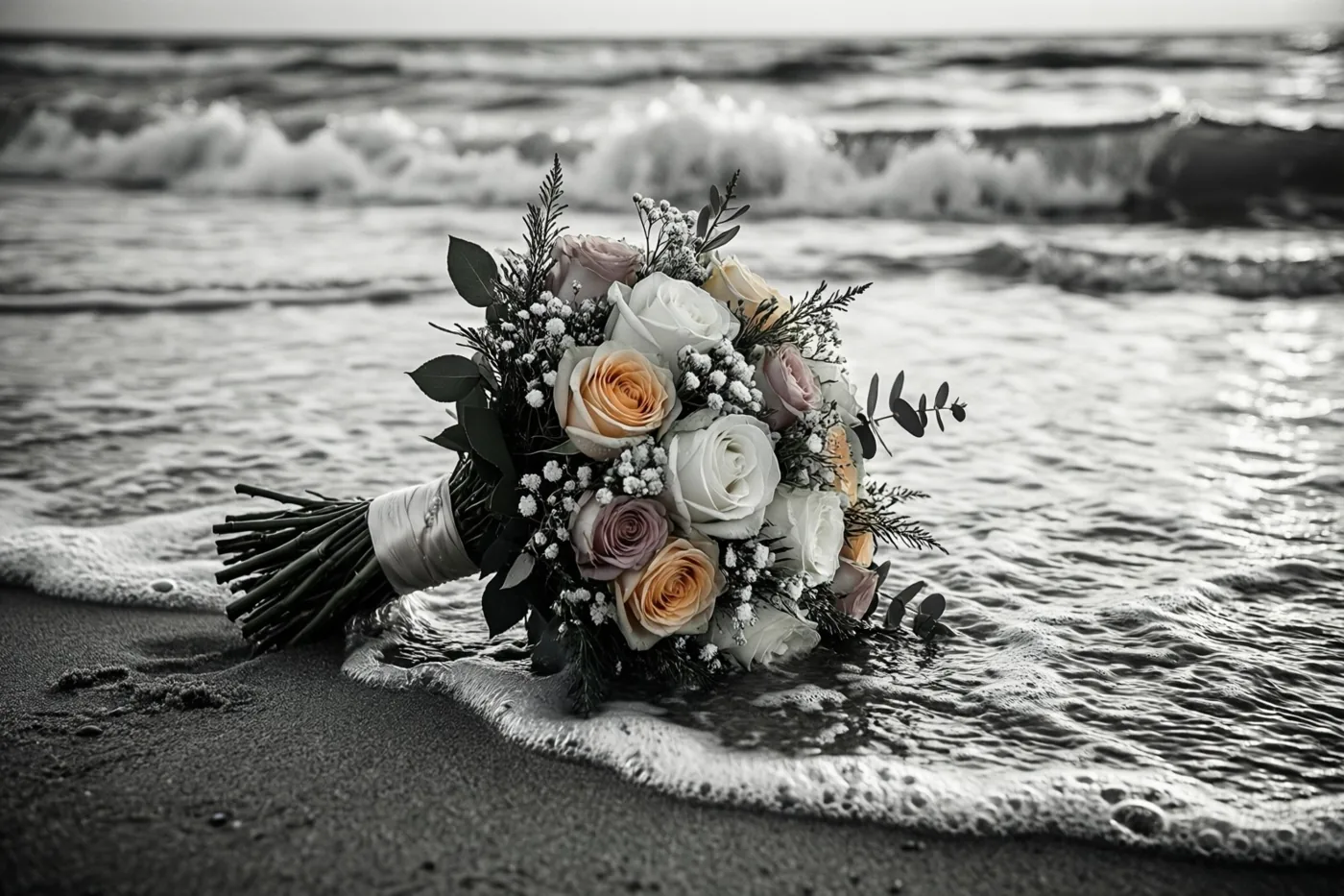 Een bruidsboeket met rozen en gipskruid ligt bij zachte golven op nat zand, waarbij alleen de bloemen pasteltinten hebben in het verder zwart-witte beeld.