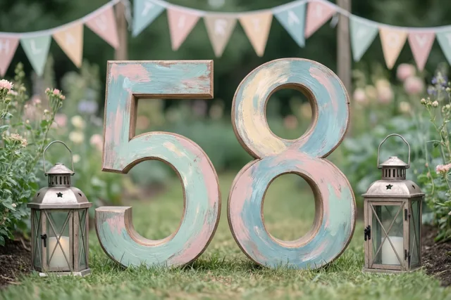 Grote houten cijfers 58 in pastelblauw en roze staan op gras tussen twee metalen lantaarns met kaarsen, met vlaggetjes boven een wazige tuin.