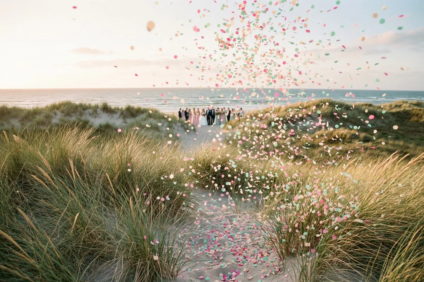 Roze, mintgroene en witte confetti zweeft boven goudkleurige duinen met helmgras, terwijl bruiloftsgasten in de verte bij de zee staan onder een wazige lucht.