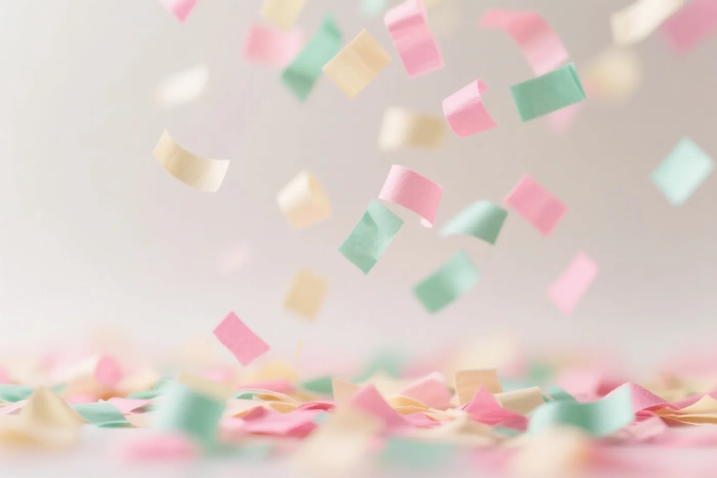 Roze, mintgroene en crèmekleurige confetti valt door de lucht tegen een effen lichte achtergrond.