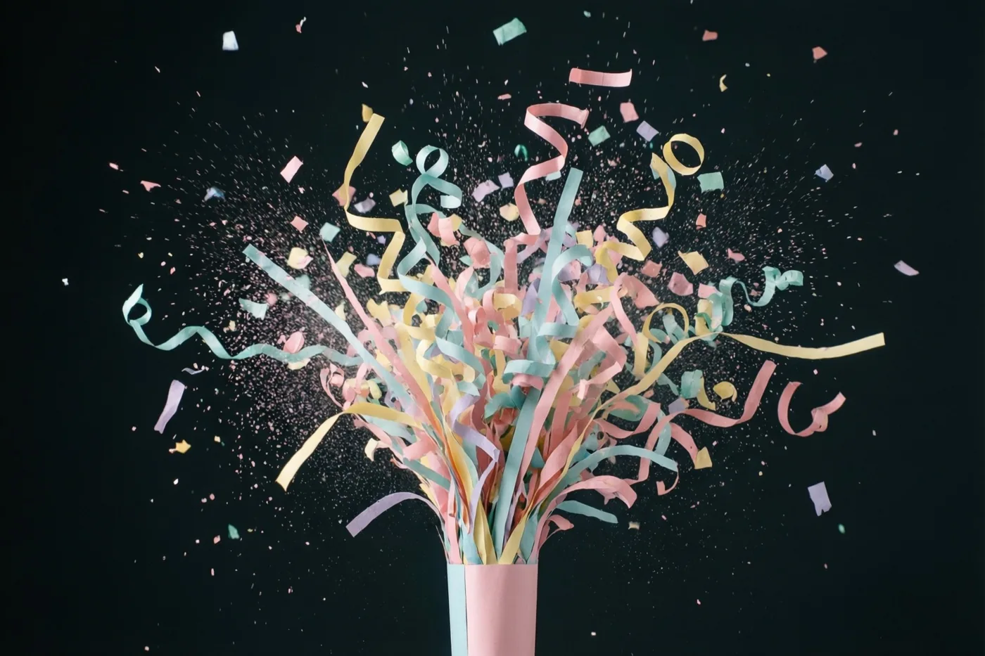 Uit een opengetrokken knalbonbon vliegen confetti en gekruld papier in pastelroze, geel en lichtblauw tegen een donkere achtergrond.