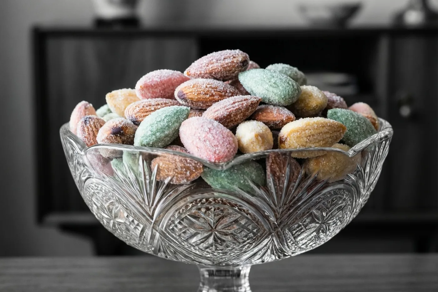 Een oude schaal van geslepen glas met pastelkleurige gesuikerde amandelen staat op een donker houten dressoir, waarbij de pastelkleuren afsteken tegen de monochrome achtergrond.