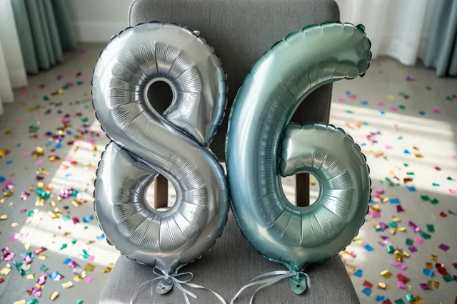 Grote folieballonnen in de vorm van 8 en 6 in zilver en pastelgroen zijn aan een grijze stoel vastgemaakt in een lichte kamer met kleurrijke confetti op de vloer.