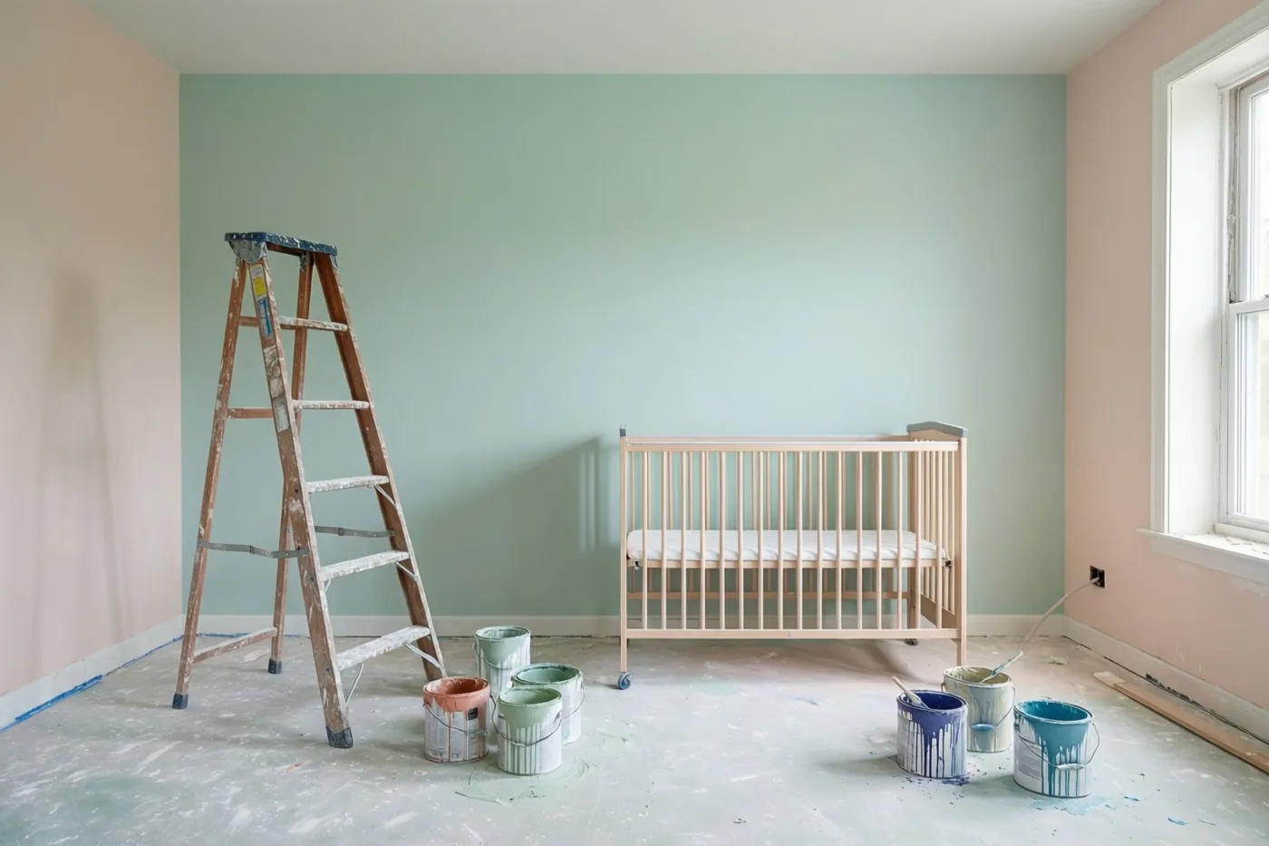 In een babykamer met pasgeschilderde pastelgroene en roze muren staan een houten babybedje, een schildersladder en verfpotten in zacht raamlicht.