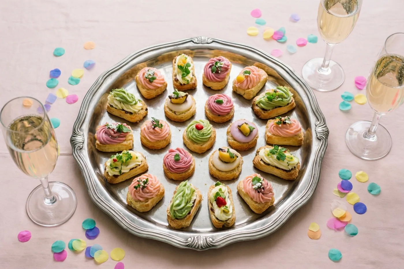 Een zilveren schaal met hapjes met roze, groene en witte vullingen staat tussen glazen schuimwijn en confetti op een lichtroze tafelkleed.