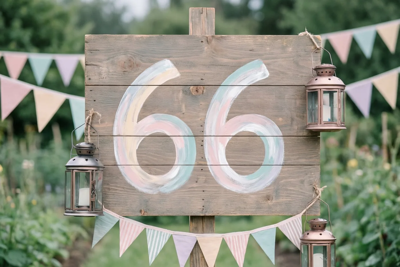 Een landelijk houten bord met het getal 66 in pastelkleuren staat in een groene tuin, versierd met vlaggetjes en hangende lantaarns.