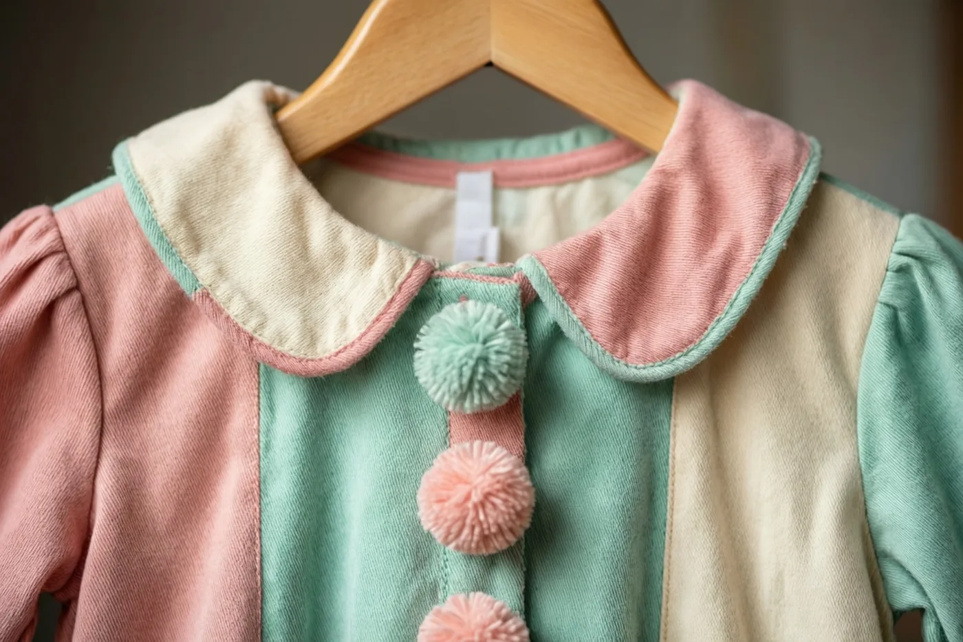 Een kinderclownspak in oude stijl met een veelkleurige kraag en pomponknopen hangt aan een houten kleerhanger, in pastelroze, mintgroene en crèmekleurige tinten.