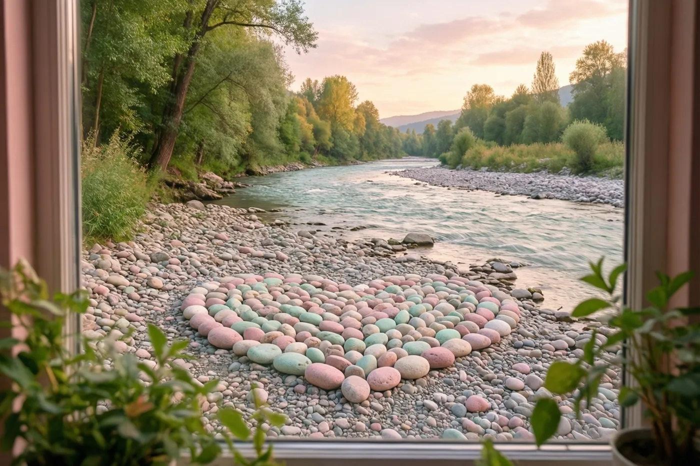 Door een raam met kamerplanten op de voorgrond is een hart van gladde pastelkleurige keien aan een rivier te zien, met groene bomen in zacht licht.