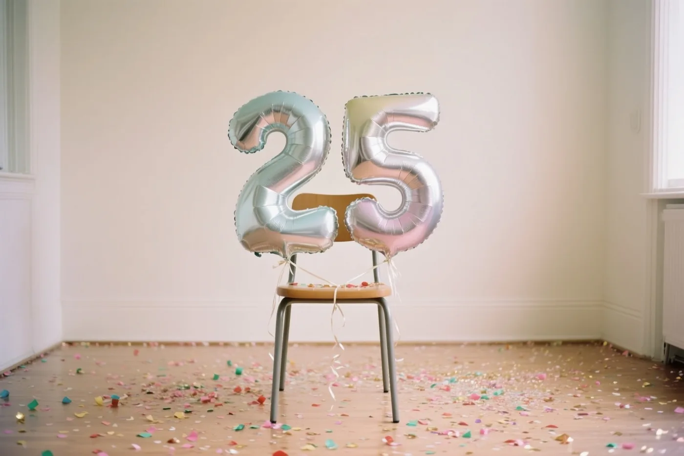 Twee grote zilveren en pastelkleurige cijferballonnen vormen 25 aan een houten stoel in een lichte, lege kamer met kleurrijke confetti op de vloer.