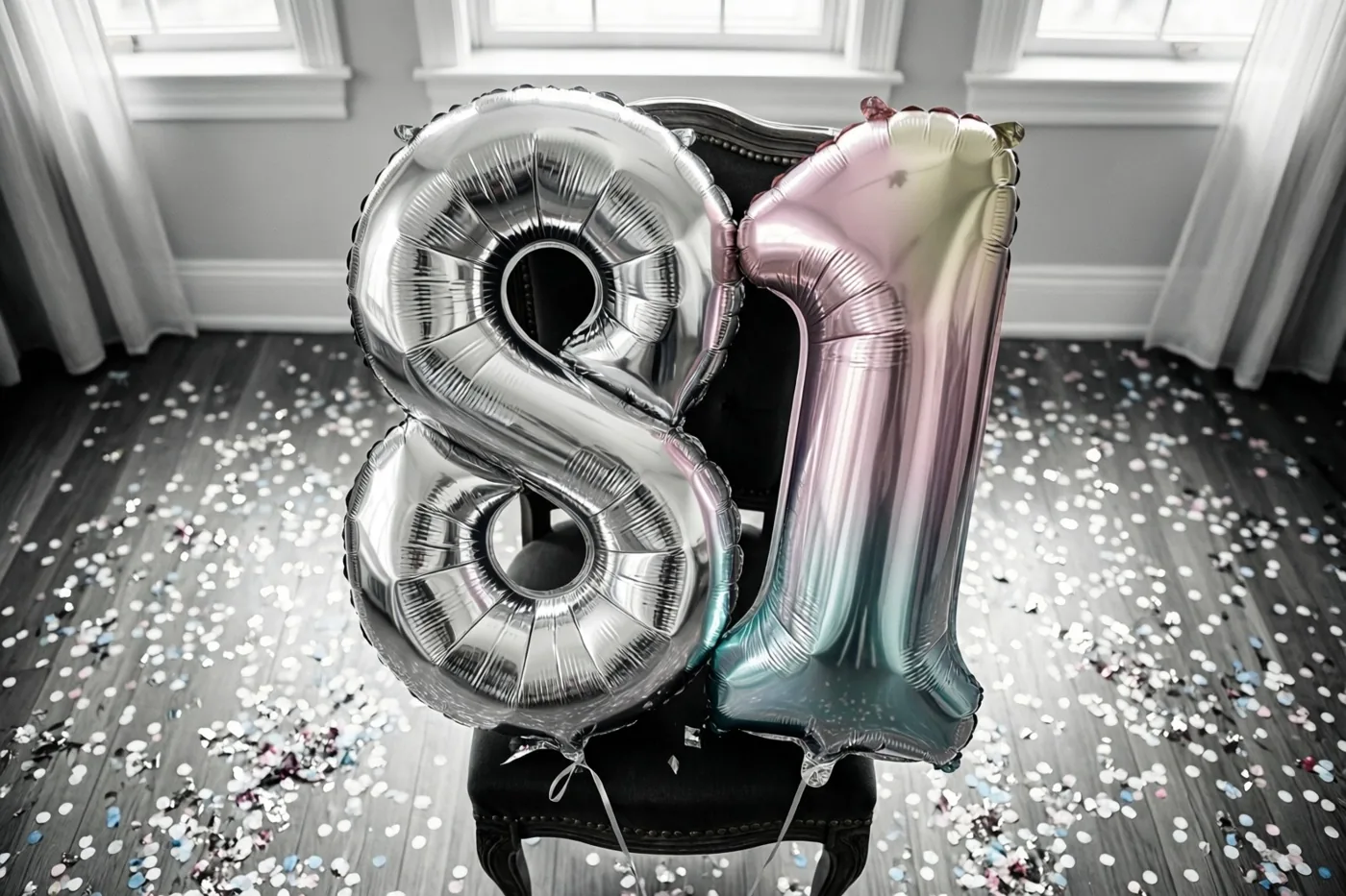 Folieballonnen in de vorm van 8 en 1 hangen aan een zwarte stoel boven een vloer met confetti, met zilveren, pastelroze en blauwe tinten tegen een verder monochrome omgeving.