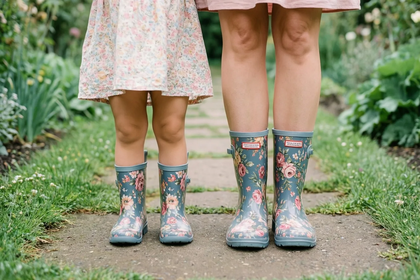 De onderbenen en voeten van een moeder en een peuter zijn te zien in bijpassende regenlaarzen met bloemen op een tuinpad tussen planten en gras, in zachte pastelkleuren.