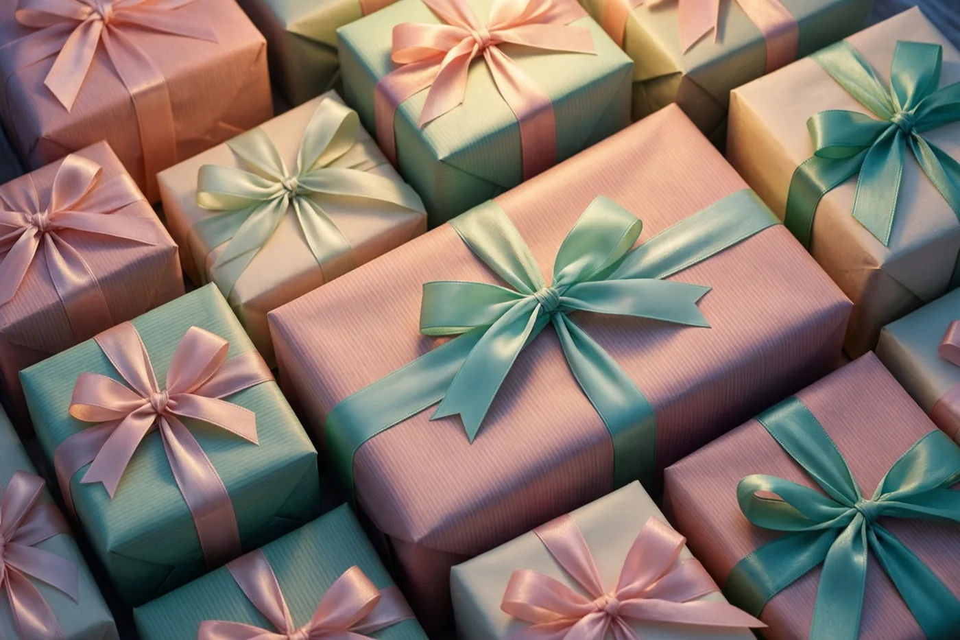 Van bovenaf zijn dicht opeengepakte vierkante cadeaudozen te zien, ingepakt in pastelroze, mintgroen en crèmekleurig papier met satijnen linten.