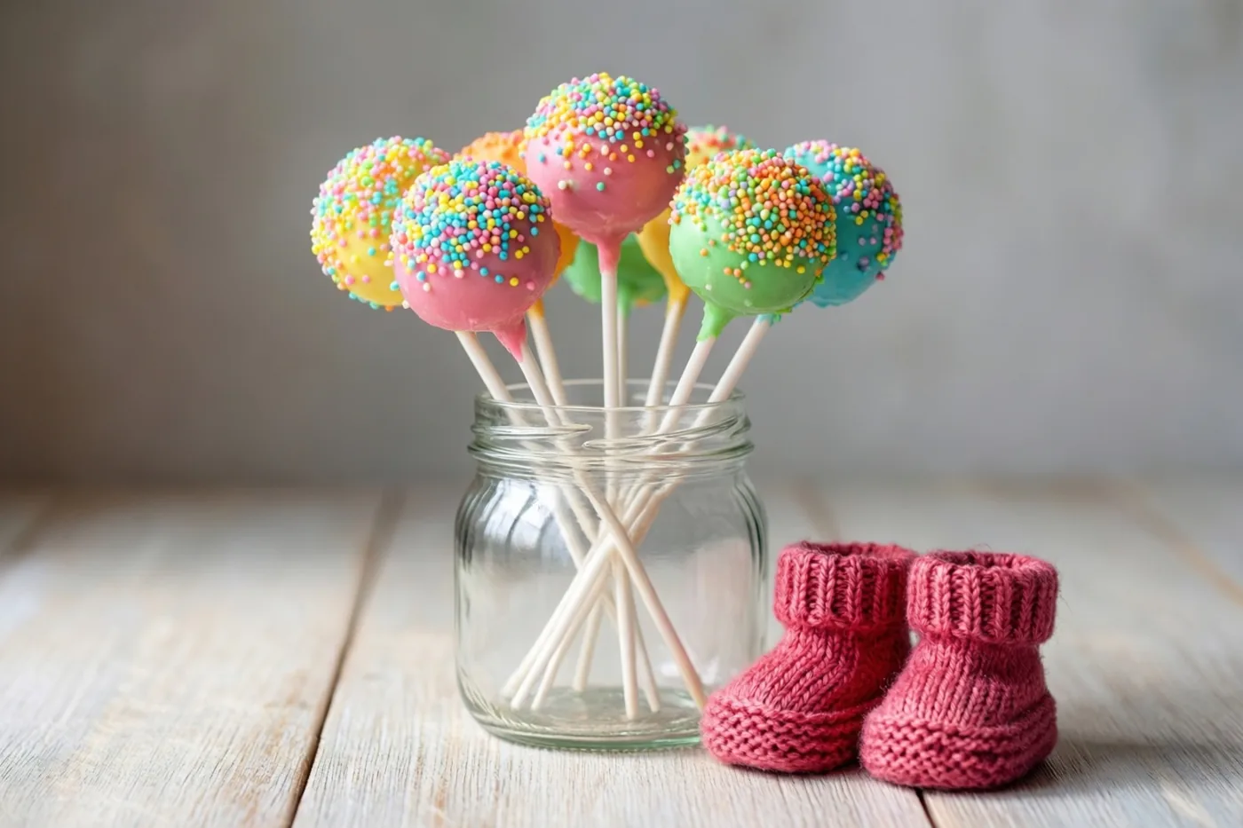 Een glazen pot met pastelkleurige cakepops en regenboogkleurige strooisels staat op een houten oppervlak naast kleine roze gebreide babyslofjes.
