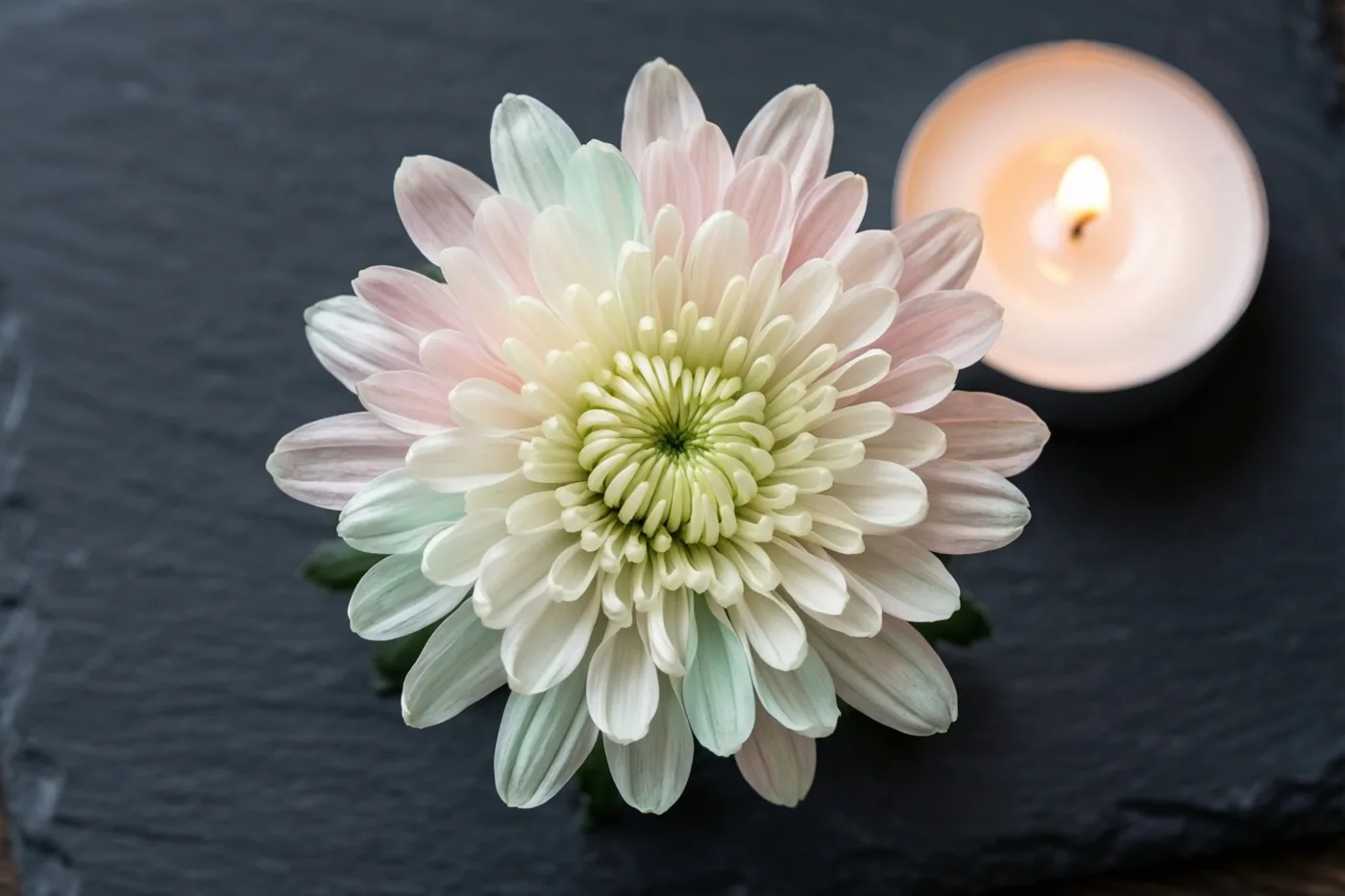 Een chrysant met pastelroze en mintgroene bloemblaadjes staat naast een brandende witte kaars op donkere leisteen.